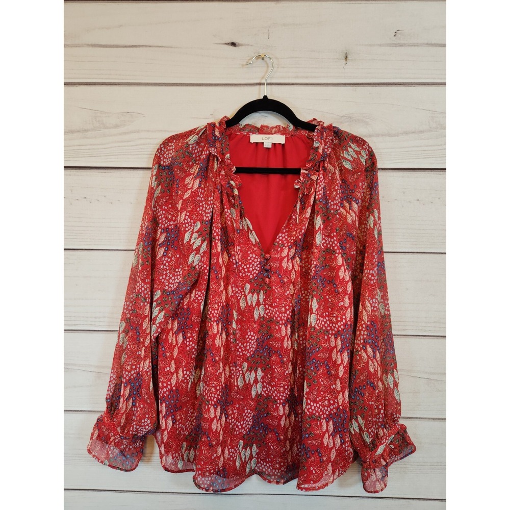 LOFT Womens Large Red Floral Blouse‎ Ruffle V-Neck Long Sleeve Sheer Lined Top